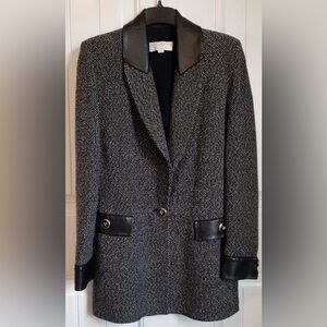 St. John Collection Black and Gray Marbled Wool Blend Knit & Leather Trim Blazer